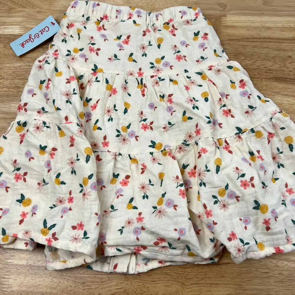 Cat & Jack Girls' Cream Floral Print Tiered Button-Down Skirt - Size XS - NWT